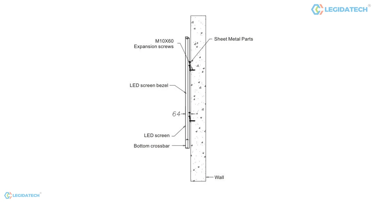 All-in-one LED display for church - wall mount cross section showing the sheet metal bracket, the screen bezel and the wall