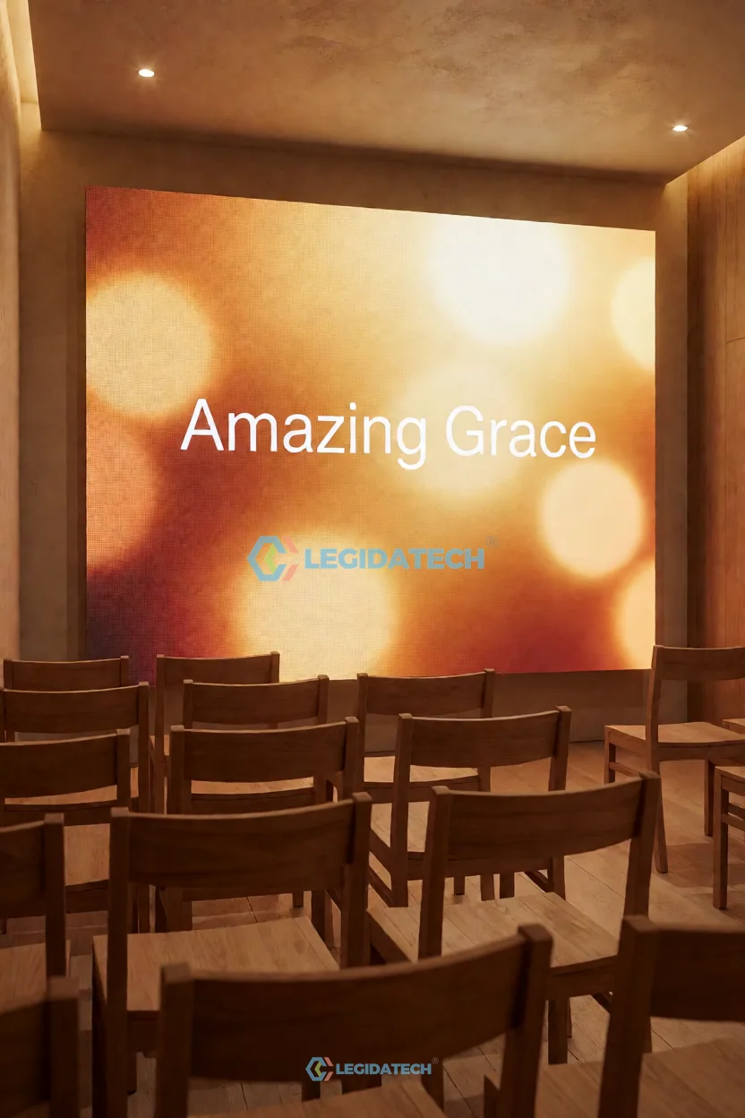 All-in-one LED display for church - small church sanctuary with wooden chairs facing an indoor LED display