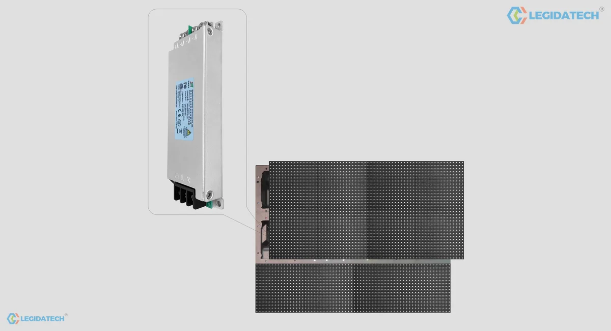 COB LED screen for church - power supply unit and two COB module strips shown outside the cabinet
