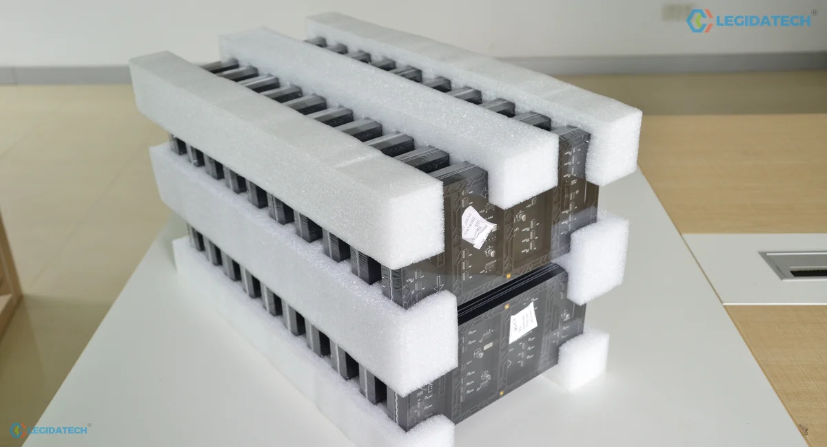 COB LED screen for church - LED modules packed in foam trays before carton and export crate