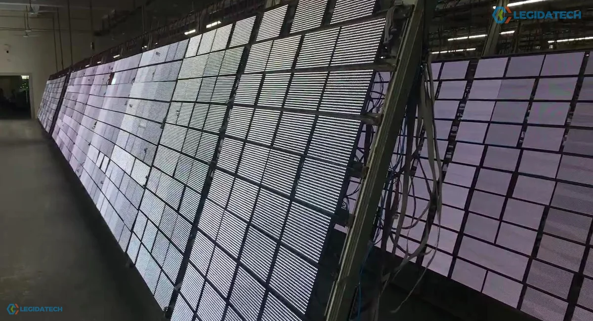 COB LED screen for church - LED panels running on an ageing rack in the factory before dispatch
