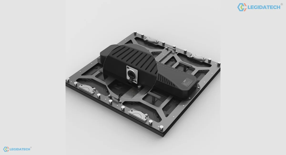 Fine pitch COB LED display for church - rear of a fine pitch COB cabinet showing the die-cast bracket and signal connector