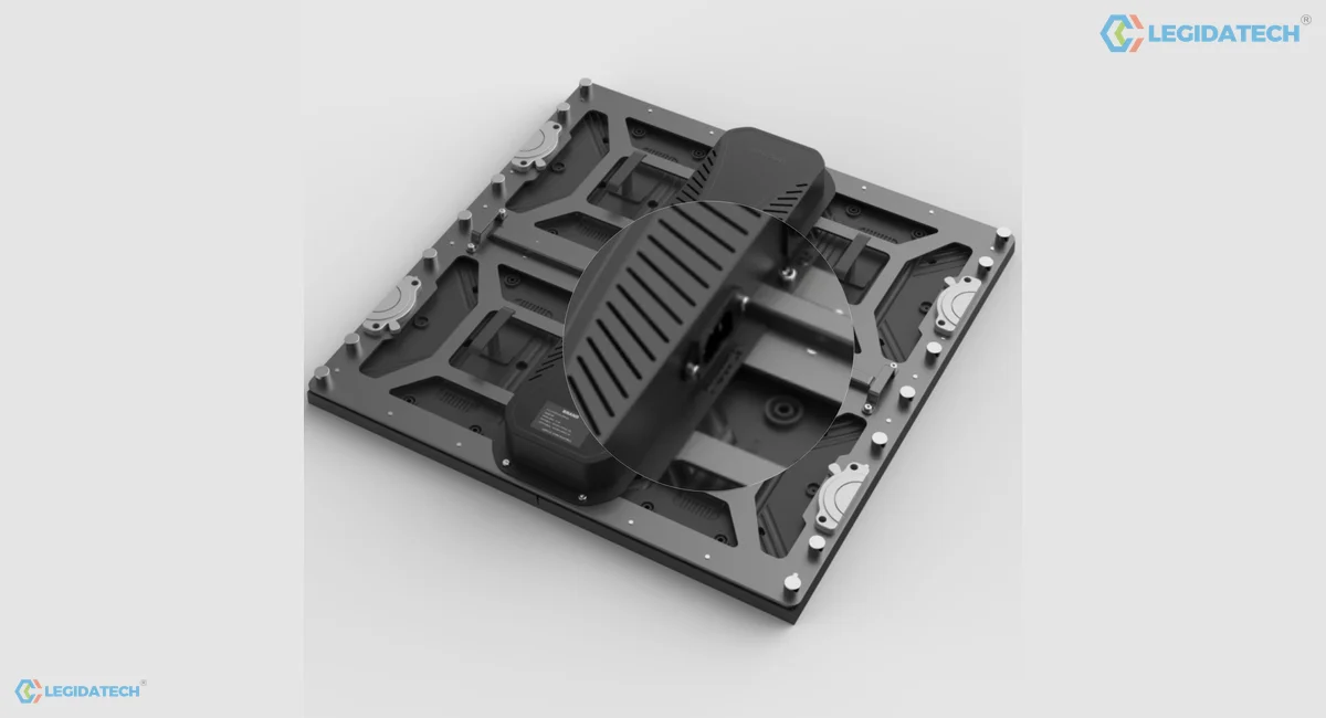 Fine pitch COB LED display for church - rear of a fine pitch COB cabinet showing the die-cast chassis and power supply
