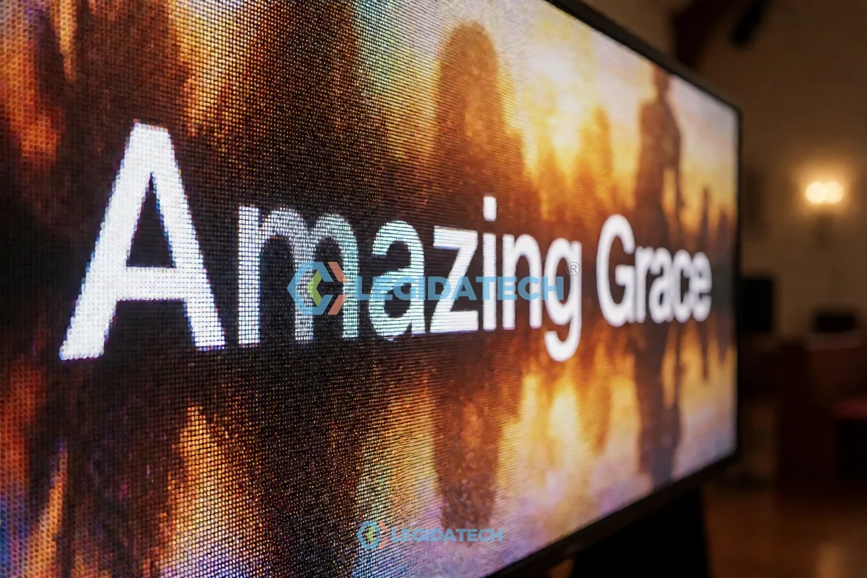 Crisp lyrics on CPS series small pitch LED display in church sanctuary close view
