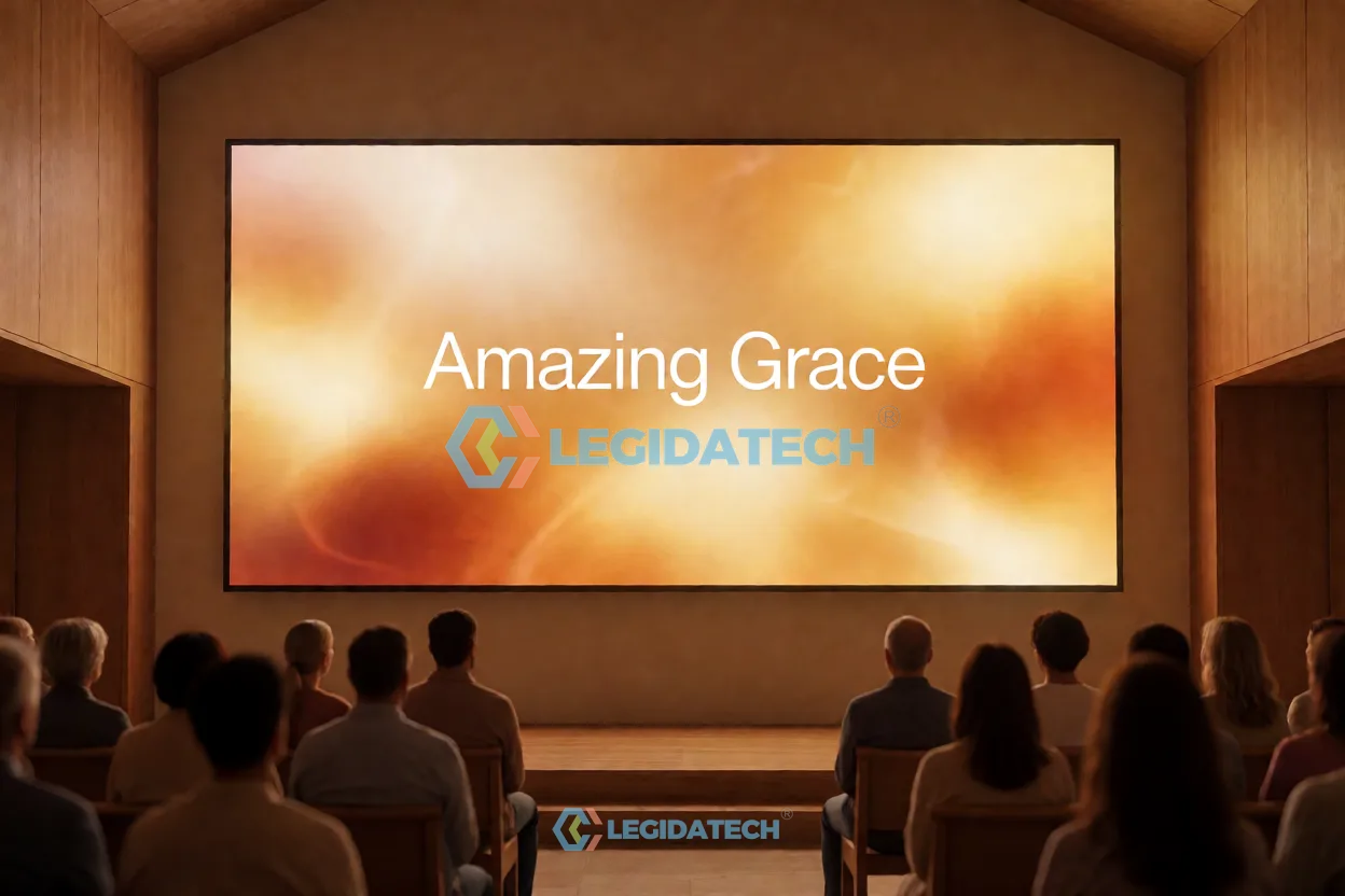 CPS series 16:9 LED wall array showing widescreen lyrics in church without stretching