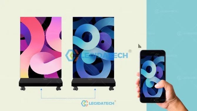 Foldable LED poster screen controlled by mobile app with one-touch publishing
