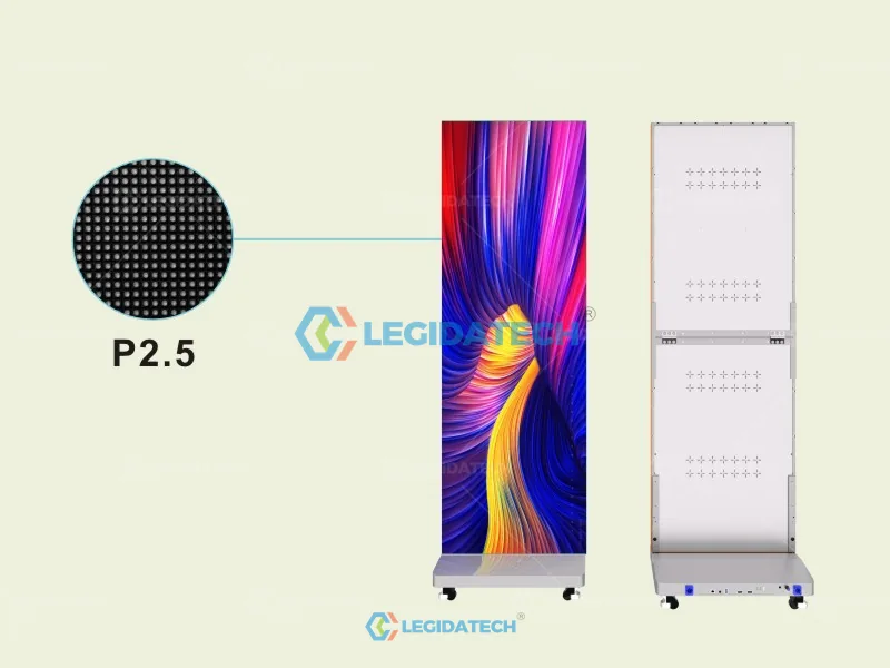Foldable LED poster display render showing the 640x1920mm slim column design