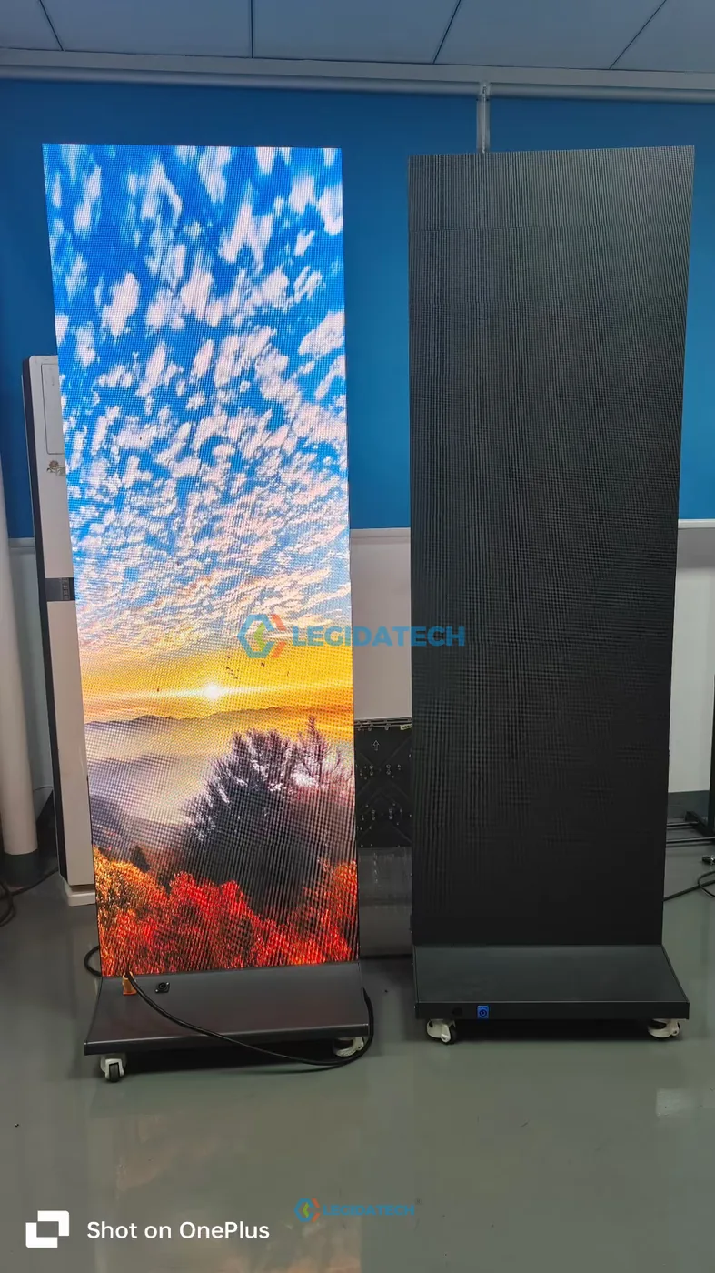 Two folding LED poster displays tested at LEGIDATECH factory before shipping