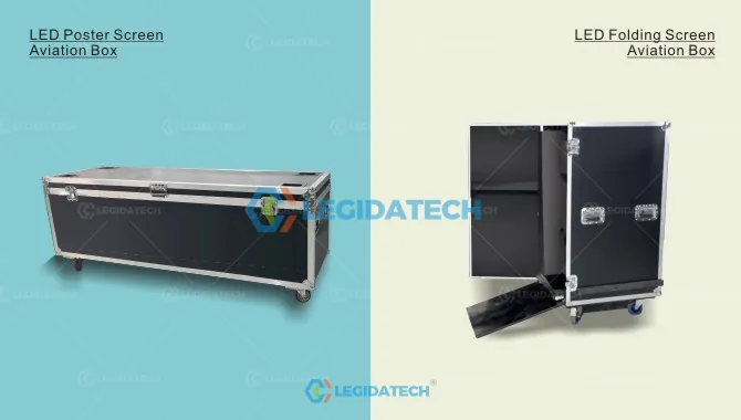 Foldable LED poster screen packed in aviation flight case for transport