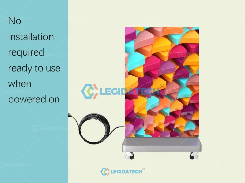 Plug and play setup of folding LED poster screen - power on and display