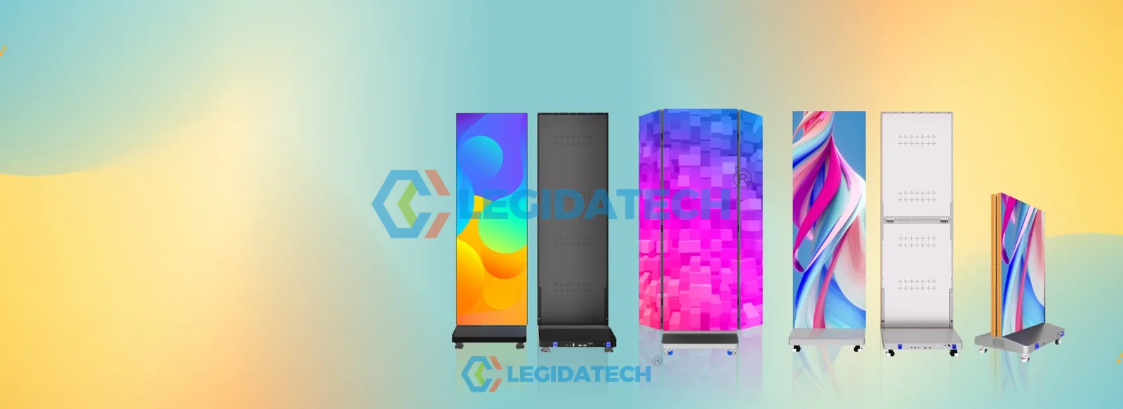 Multiple foldable LED poster displays spliced into seamless wide church backdrop