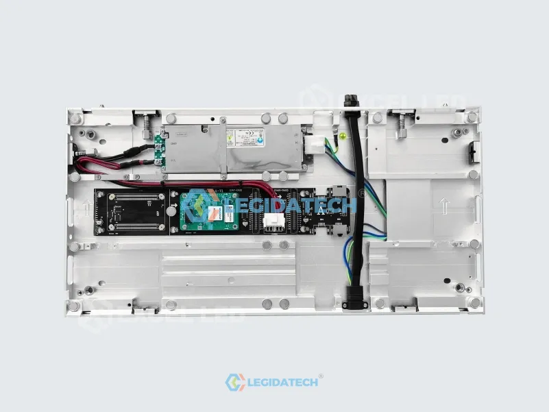 PS series slim LED cabinet interior showing dual power supply and receiving cards redundancy