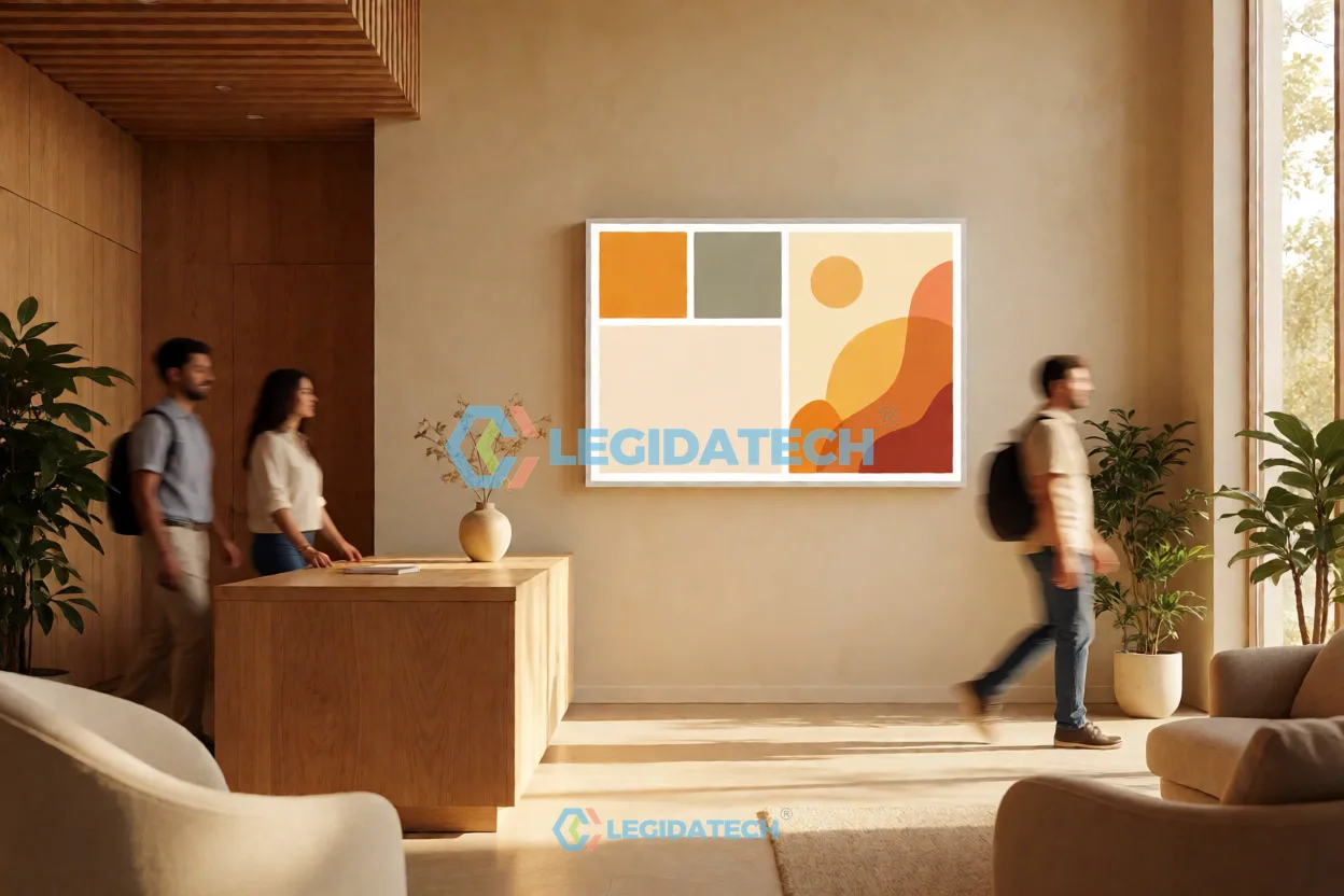 PS series slim LED video wall in church lobby welcome area showing announcements