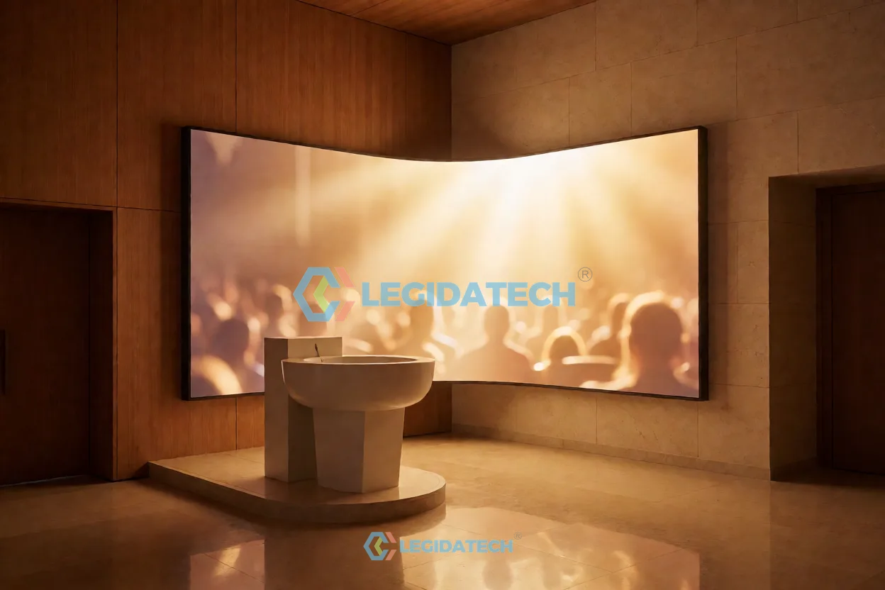 Curved and 90 degree corner LED wall configuration of PS series in church baptistry setting